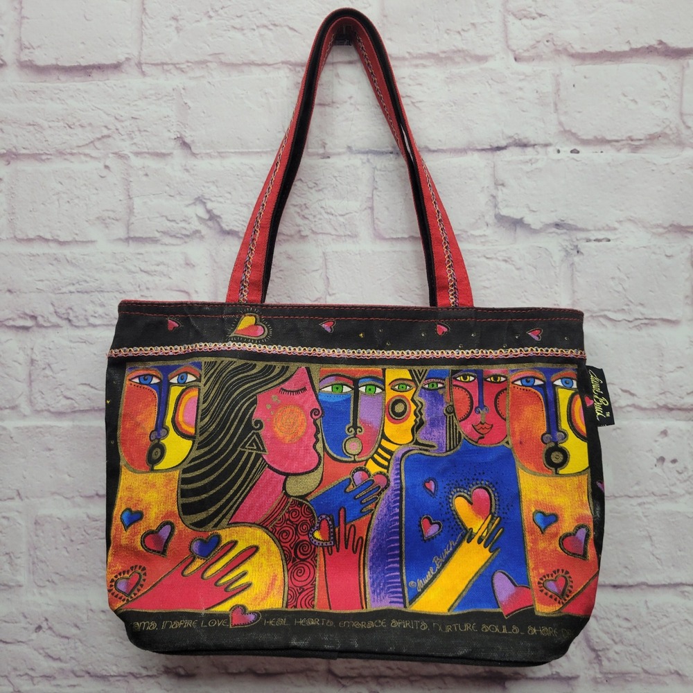 Vtg Laurel Burch Shoulder Bag Art Faces Inspire Love Heal Hearts Canvas‎ Handbag